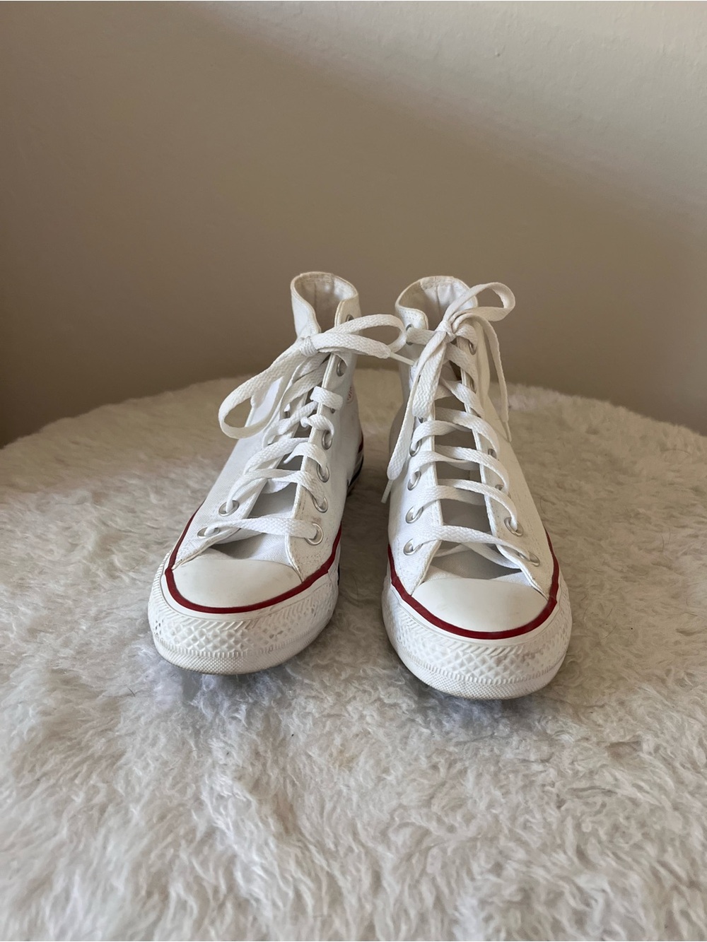 Converse White High Top Sneakers with Red & Navy Accents - Picture 2 of 3